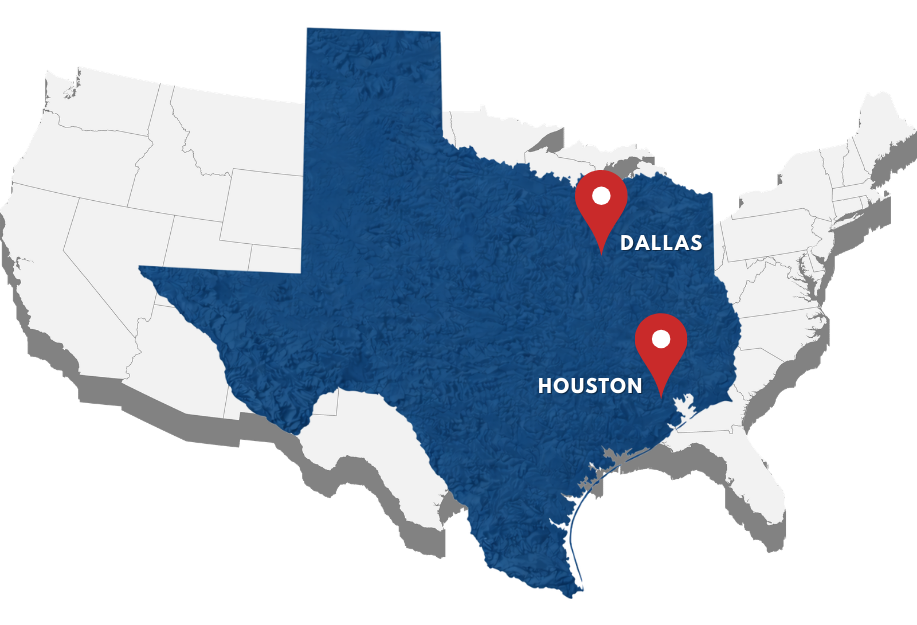 Texas map with Dallas and Houston locations